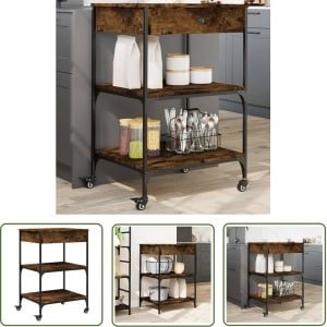 vidaXL Keukentrolley 60x48x89,5 cm bewerkt hout gerookt eikenkleurig - Keuken Trolley - Keuken Kar - Houten Trolley - Bruine Keukenaccessoires - Kookeiland Accessoires