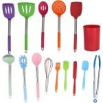 15 Stuks Keukengerei Set - Siliconen Koken Kit - Roestvrijstalen Handvatten - Non-Stick - Hittebestendige Keuken Gadgets - Rode Emmer