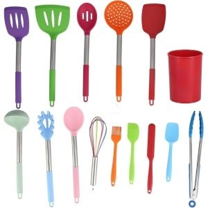 15 Stuks Keukengerei Set - Siliconen Koken Kit - Roestvrijstalen Handvatten - Non-Stick - Hittebestendige Keuken Gadgets - Rode Emmer