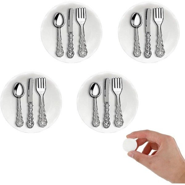 Allecto Plus - Poppenhuis Keuken Accessoires Set - 4 Stuks - Mini Borden en Servies - Decoratie voor Pretend Play - 1:12 Schaal - 8 Stuks Mini Metalen en Porselein - Miniatuur Keuken Items