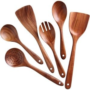 Bestekset- spatel -keuken accessoires-bestekset 6 persoons-pannensets-Houten kooklepels - 6-delige houten kookgerei - Natuurlijke teakhouten antiaanbak kooklepels - Keukengereiset - Bruin