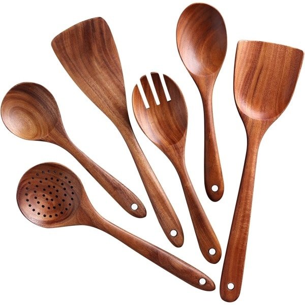 Bestekset- spatel -keuken accessoires-bestekset 6 persoons-pannensets-Houten kooklepels - 6-delige houten kookgerei - Natuurlijke teakhouten antiaanbak kooklepels - Keukengereiset - Bruin