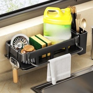CHIWIN Keuken Organizer met Handdoekhouder - Wandrek zonder Boren met Afdruipbak & Haken - Zwart Rekje voor Spons, Zeep, Borstel - Multifunctioneel Aanrecht Accessoire