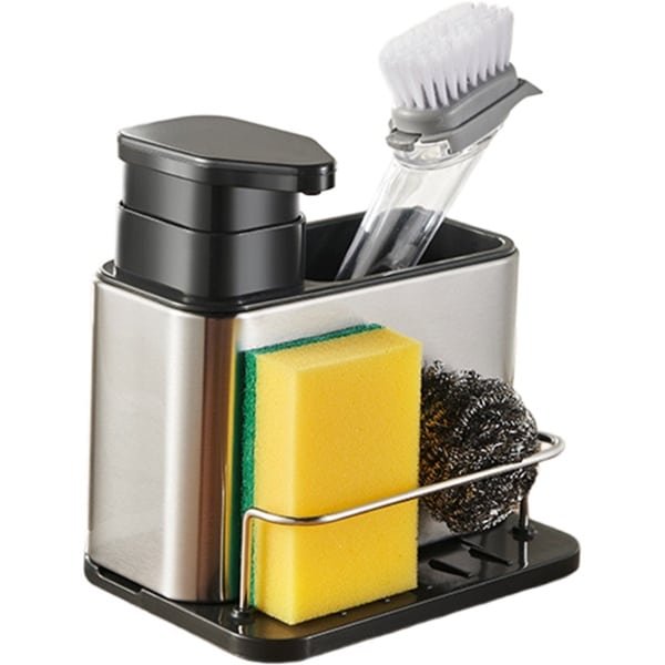 Dooki® Vaatdoekhouder RVS - Keuken Organizers - Keuken accessoires - Keukenorganizers - Aanrecht Organiser - Sponshouder - Gootsteenbakje met zeeppomp- Gootsteenorganizer met afdruipbakje - Zeep Dispenser - Zilver