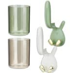 HMIEPRS 4-pack tandenborstelhouder, elektrische tandpastahouder met konijnenoren en 2 mondwaterbekers, aan de muur te bevestigen tandenborstelhouder zonder boren voor badkamer, keuken en woonkamer (wit, groen)