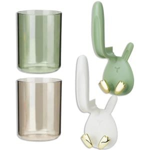 HMIEPRS 4-pack tandenborstelhouder, elektrische tandpastahouder met konijnenoren en 2 mondwaterbekers, aan de muur te bevestigen tandenborstelhouder zonder boren voor badkamer, keuken en woonkamer (wit, groen)