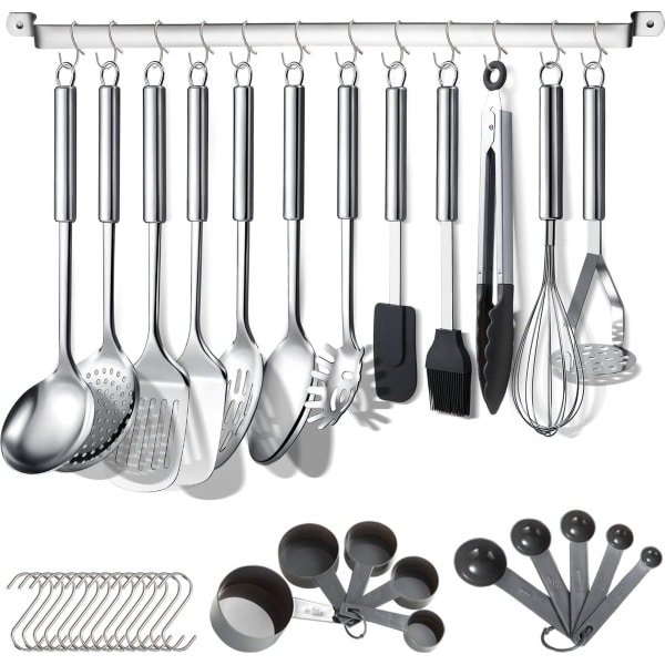 Keukengerei Set 38 Stuks, Roestvrij Staal Kookgerei Set, Keuken Gadgets, Met houder en haken om keukengerei op te hangen, Vaatwasserbestending