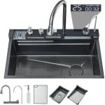 Keukenspoelbak met enkele bak en waterval, multifunctionele digitale slimme kraan met telescopische uitloop, kopjeswasbak onder druk en andere accessoires, werkstation voor de keuken