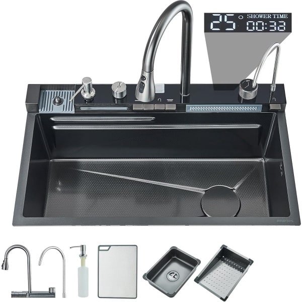 Keukenspoelbak met enkele bak en waterval, multifunctionele digitale slimme kraan met telescopische uitloop, kopjeswasbak onder druk en andere accessoires, werkstation voor de keuken