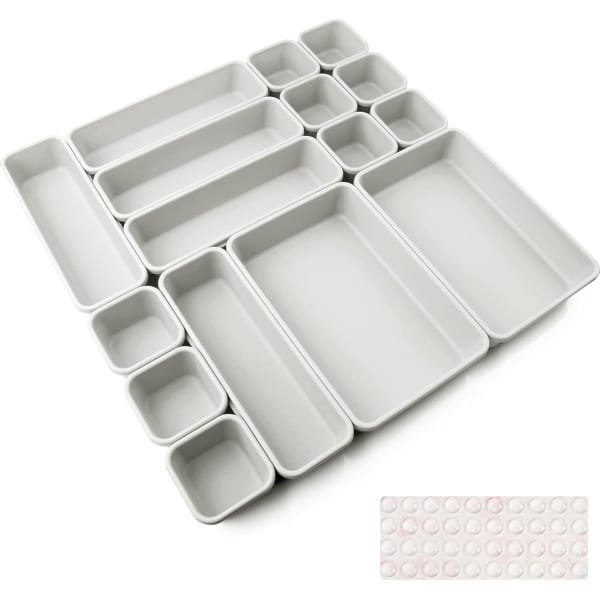 Lade-inzetstukken, 16 stuks, scheidingssysteem, kruidenorganizer, lade, scheider, badkamerorganizer, dozenset met siliconen antislipkom, Hemness, commode, keuken, bureau, accessoires (lichtgrijs)