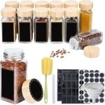 NAIZY kruidenpotjes vierkant 12 stuks 120ml glazen kruidenpotjes met hagelslag inzet, waterdichte etiketten, trechter, schoonmaakborstel kruidenpotje voor kruiden keuken accessoires, houten deksel