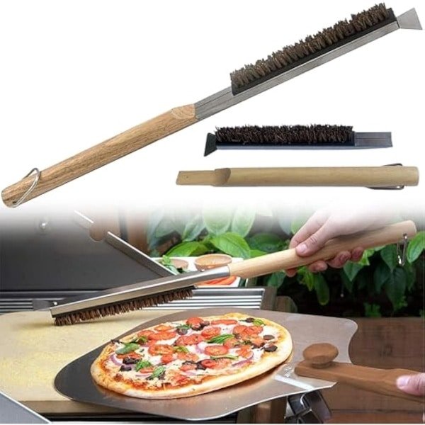 Pizza Borstel, Met houten handvat stalen schraper, Messing Borstel Pizza Kachel Accessoires Barbecue Borstel, Pizza Kachel Pizza Gummier, Geschikt Voor Keuken En Bakken, Veelzijdig (Stijl 1)