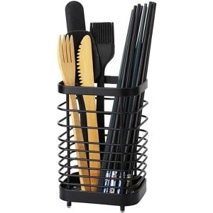 S&Dshopline® Bestekmand van roestvrij staal, keukengereihouder, roestvrij staal, bestek-organizer, caddy houder, bestekmand, klein, spoelbakorganizer, accessoires voor keuken, zwart