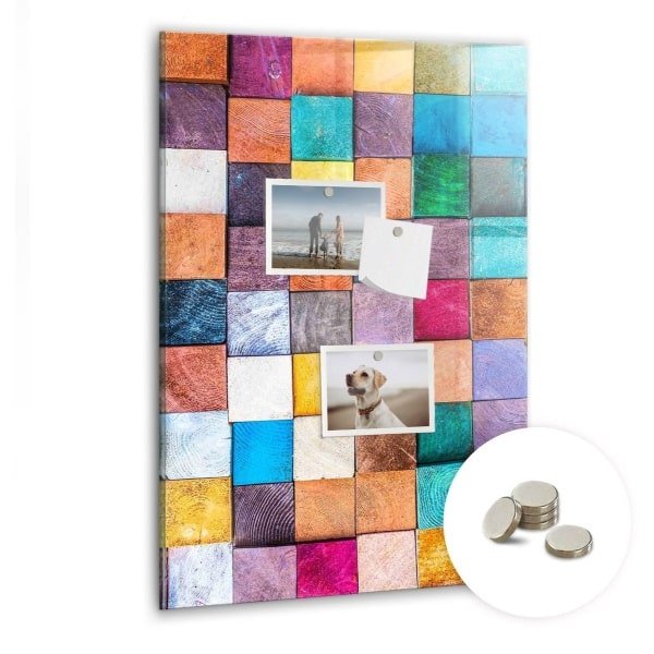 Tulup Glassboards - Kleurrijke houten kubussen Magneetbord - 40 cm x 60 cm - Veelkleurig Magnet Board - Gratis 5 Sterke Magneten - Interieur Accessoires Kantoor - Memobord Keuken - Magnetisch Bord - Ideeënbord Thuiswerkplek - Magneetbord Rechthoekig