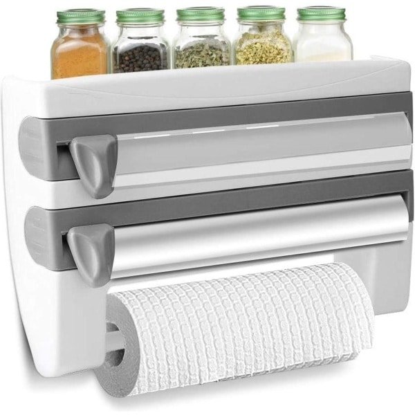 Vershoudfolie wandrolhouder - Rolly 3-vaks cutter dispenser - Snij dispenser rolhouder - Keuken accessoire - Multifunctionele papierrolhouder