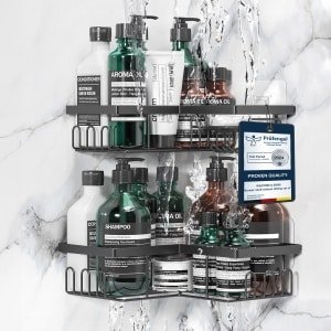 W&S Hoek Doucherek Set van 2 - Zelfklevend & voor Boren - Badkameropslag | Badkamerplank Roestvrij Staal | Doucheplanken voor Bad & Keuken Accessoires, Doucheopslag - Zwart