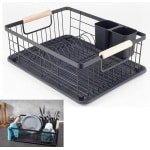 afdruiprek - 42x30x14,5 cm - met houten handgrepen - Afwasrek met Lekbak - Roestvrij - Keuken Accessoires - Afwasrek - Droogrek voor Afwas - voor gootsteen - Aanrecht Organiser - Keuken Organizers - Matzwarte