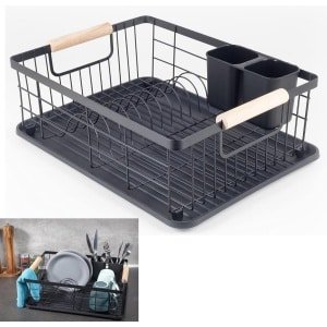 afdruiprek - 42x30x14,5 cm - met houten handgrepen - Afwasrek met Lekbak - Roestvrij - Keuken Accessoires - Afwasrek - Droogrek voor Afwas - voor gootsteen - Aanrecht Organiser - Keuken Organizers - Matzwarte