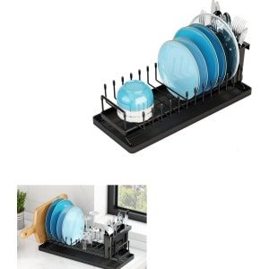 compacte afdruiprek - bestekhouder - van roestvrij - met siliconen droogmat - Pannendeksel Houder - Dekselhouder - Keuken Organizer - Afdruiprek - Keuken Accessoires - Inclusief Lekbak - Afdruiprek - Zwart
