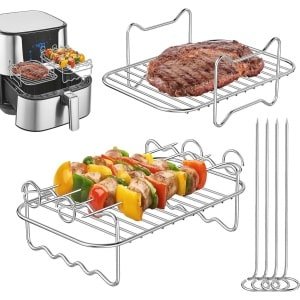 2 Stuks Airfryer Rekken voor Dubbel Laags Koken en Grillen met Spiesrek - Roestvrij Staal Accessoires voor de Keuken