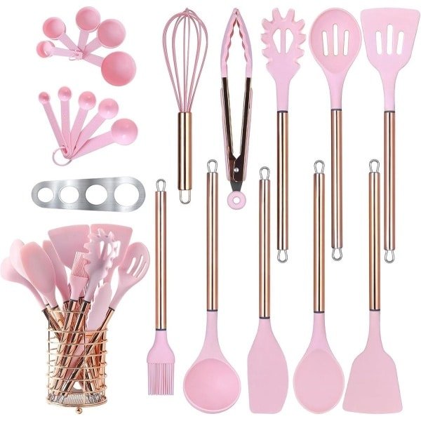 22-stuks siliconen anti-aanbak kookgerei set - hittebestendige spatel set - roestvrij stalen handvat - keuken gadgets - keukengerei set (roze)