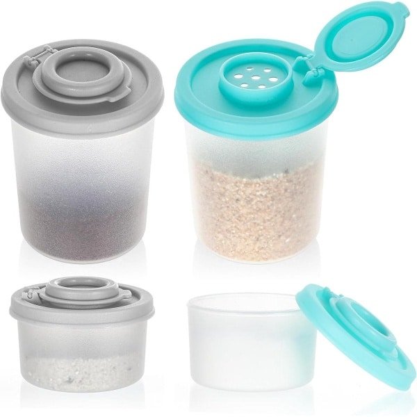Allecto Plus - 4-delige mini plastic zout- en pepershakerset voor camping en picknick - met vochtbestendige deksels - ideaal voor onderweg - keuken accessoire met heldere, grijze en muntdeksels