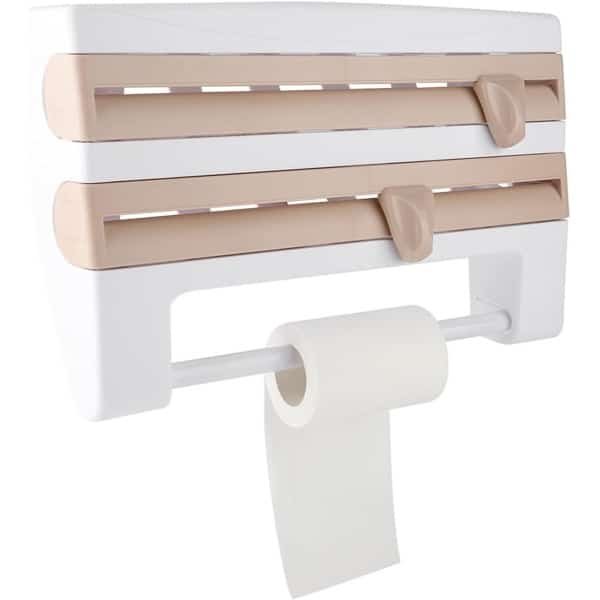 Allecto Plus - Wandrolhouder voor 3 rollen met foliesnijder - Keuken en restaurant accessoire voor papierrollen - Geschikt voor keuken, restaurant, hotel, bar - Kaki kleurig