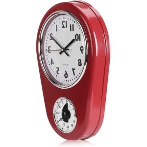 Allecto plus - Wandklok met Timer en Kookwekker - Rode Kookwekker van Glas - Vintage Grote Muurklok voor de Keuken - Thuiskeuken Accessoire met Timer - Stijlvolle Kijkklok met Rode Accenten