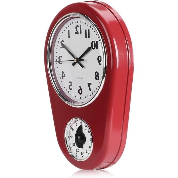 Allecto plus - Wandklok met Timer en Kookwekker - Rode Kookwekker van Glas - Vintage Grote Muurklok voor de Keuken - Thuiskeuken Accessoire met Timer - Stijlvolle Kijkklok met Rode Accenten