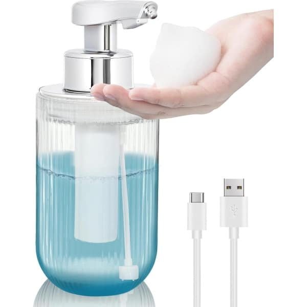 Automatische schuimglas zeepdispenser handsfree oplaadbaar - geribbeld design - elektrische sensorpomp - navulbaar - badkamer keuken