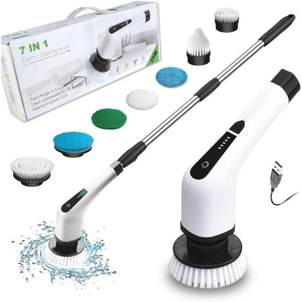 Draadloze draaiende schrobber met 7 vervangbare borstels - Elektrische scrubber voor badkamer, keuken en auto