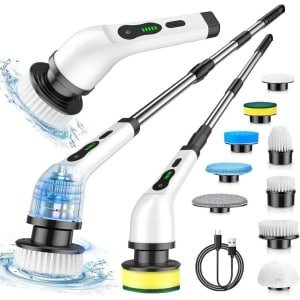 Elektrische Draadloze Spin-Schrubber - Schoonmaakborstel met 9 Opzetborstels, Uitschuifbare Steel (32,5-135,5 cm), IPX7 Waterdicht, 50 min Accuduur - Badkamer & Keuken