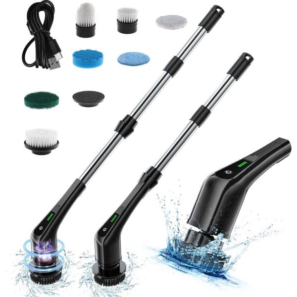 Elektrische Schoonmaakborstel - Incl. 7 Verwisselbare Borstelkoppen - Oplaadbaar & Draadloos - Schrobborstel Met Verstelbare Steel - Schrobmachine - Schrob Borstel - Poetsmachine - Voor Auto, Raam, Keuken, Badkamer, Vloer - Zwart