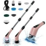 Elektrische Schoonmaakborstel - Incl. 7 Verwisselbare Borstelkoppen - Oplaadbaar & Draadloos - Schrobborstel Met Verstelbare Steel - Schrobmachine - Schrob Borstel - Poetsmachine - Voor Auto, Raam, Keuken, Badkamer, Vloer - Rosé Goud