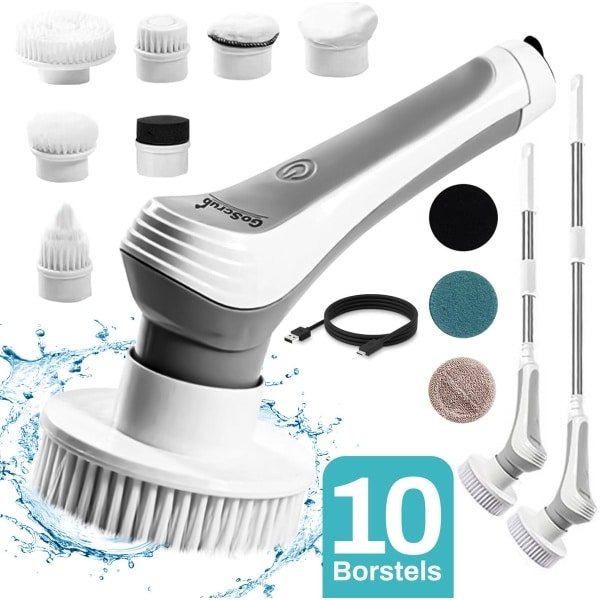 GoScrub® Elektrische Schoonmaakborstel - Cleaning Master Grijs - Schrobber Met Steel - Poetsmachine - Schrobborstel - Voor Badkamer en Keuken - 10 Opzetstukken
