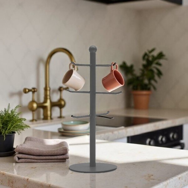 Industrialhome Bekerhouder Metaal - 33 cm Hoog - Antiek Grijs - Industriële Mokkenhouder / Mokkenrek met 6 Haakjes - Keuken Accessoire