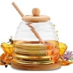 Inovra Plus - Honingglas met lepel en deksel 300 ml - glazen honingpot dispenser - houten deksel - verzegelde container - brede hals - honingopslag - keuken accessoire