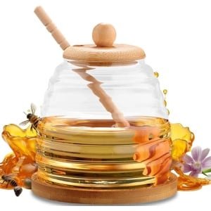 Inovra Plus - Honingglas met lepel en deksel 300 ml - glazen honingpot dispenser - houten deksel - verzegelde container - brede hals - honingopslag - keuken accessoire