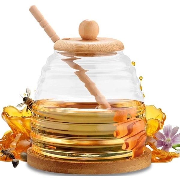 Inovra Plus - Honingglas met lepel en deksel 300 ml - glazen honingpot dispenser - houten deksel - verzegelde container - brede hals - honingopslag - keuken accessoire