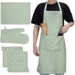 JEMIDI keukenset wasbaar - 1x ovenwant 2x pannenlappen 1x schort 1x vaatdoek - Oven en hittebestendige ovenwanten en onderzetters - Keuken accessoires