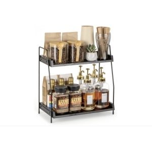 Koffie-organizer, koffiebar-accessoire en -organizer, hout, koffieopbergmeubel voor koffiehoek, werkbladen, kruidenrek, 2 verdiepingen, koffiecaddy voor keuken, thuis, kantoor, zwart