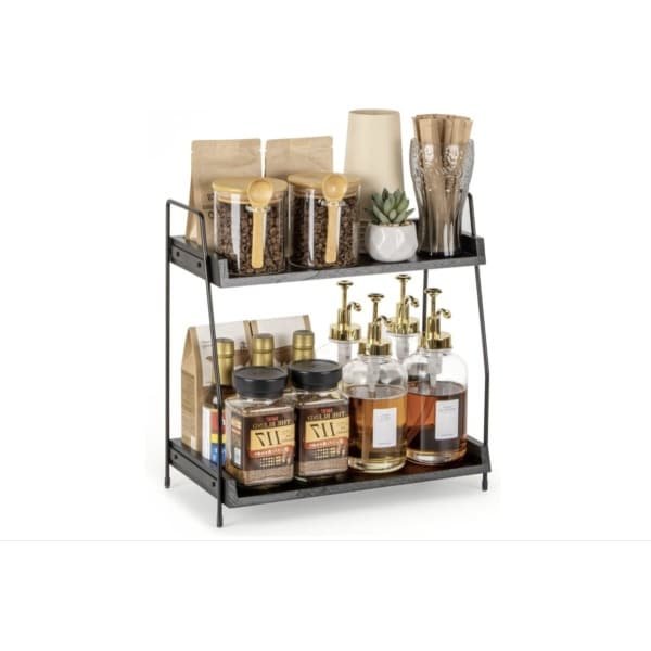 Koffie-organizer, koffiebar-accessoire en -organizer, hout, koffieopbergmeubel voor koffiehoek, werkbladen, kruidenrek, 2 verdiepingen, koffiecaddy voor keuken, thuis, kantoor, zwart