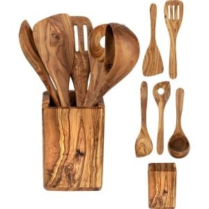 Kookgerei Set 6-Delig met Vierkante Houder - Keuken Accessoires - Keukengerei uit Ecologisch Natuurlijk Olijfhout