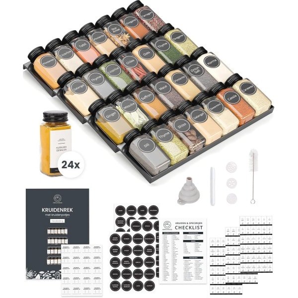 Kruidenrek met 28 Potjes - Organiseer Je Keuken met Lid en Accessoires - Complete Set in Zwart
