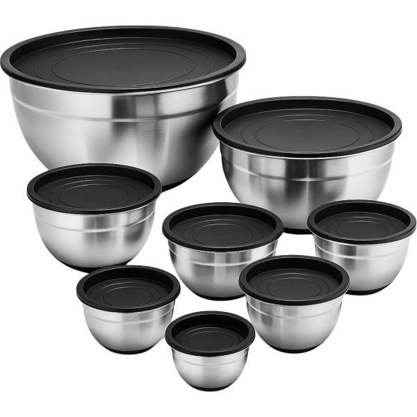Lomera Rvs Mengkommen - Mengkommen Met Deksel - Set Van 8 - Stapelbaar - Beslagkommen Set - Afsluitbare Deksels - Keukenkommen - 201 Stainless Steel - Verschillende Groottes - 0.5L Tot 7L - Keuken Accessoires