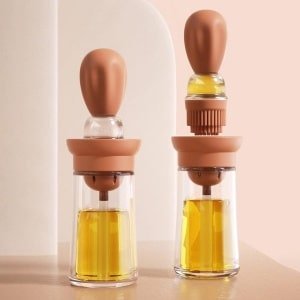 Mmgoqqt 2-in-1 Siliconen Olieborstel Fles - 250ml Keuken Olie Dispenser - Dik Glas Met Hittebestendige Borstel - Rood - Gezond Koken En BBQ Accessoires