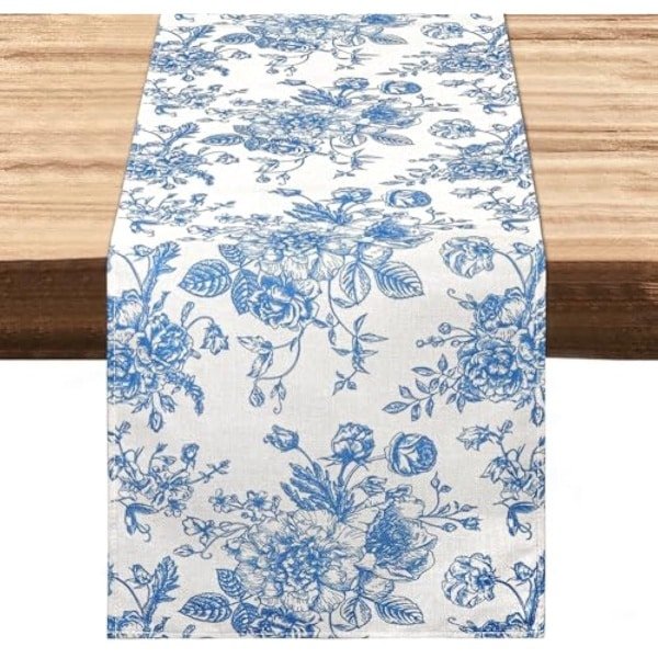Selbro®, Blauwe tafelloper boerderij 95 inch retro monochrome schets roos tafelloper elektrische tafelkleed lente keuken eettafel decoratie voor thuis feest decor