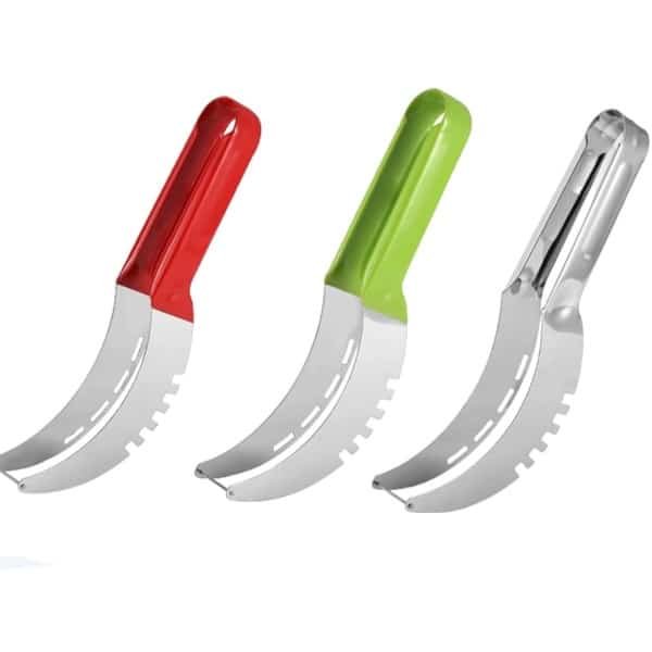 Watermeloen snijder - 3 stuks - Fruitsnijder - RVS - Meloen Snijder - Handig Gereedschap voor het Snijden van Fruit - Keuken Accessoires en Gadgets - zilver/rood/groen