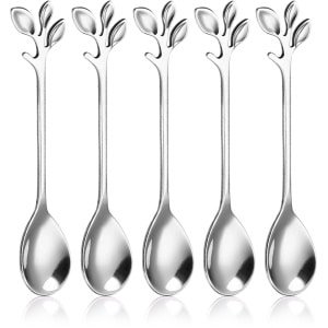 longziming Koffielepels en Theelepels Set - 5 Stuks - Dessertlepels van RVS - Bladmotief - Zilver - Lepeltjes voor Koffie, Thee en Dessert- Keuken Accessoire