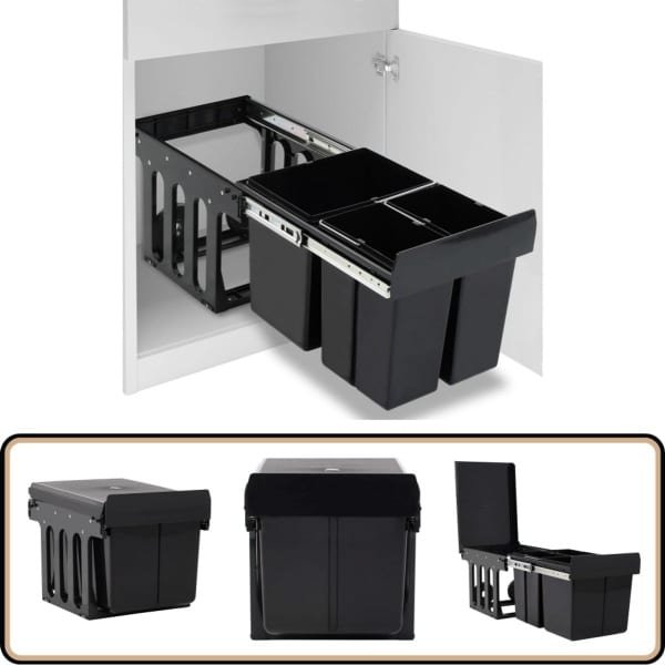 vidaXL Inbouwprullenbak 48L Soft-Close Zwart Afvalbak Keuken - Inbouwprullenbak - Prullenbak Sorteer - Soft Close Prullenbak - Keuken Accessoires